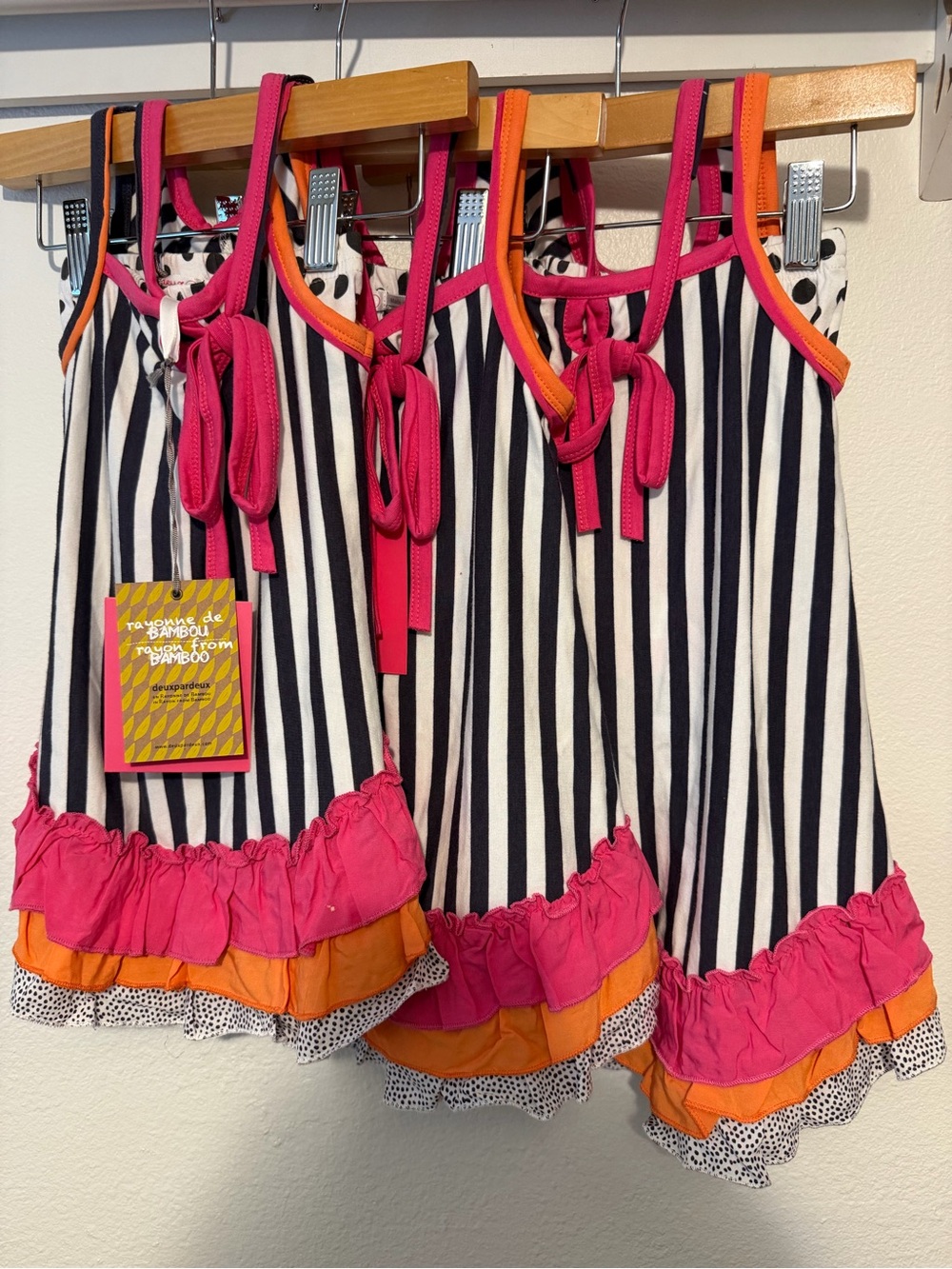deux par deux Black and White Striped Dress Set with Pink and Orange Trim